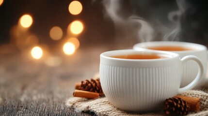 Two steaming cups of tea nestled on a rustic wooden table, surrounded by decorative elements, evoking feelings of warmth, comfort, and the joy of shared moments with loved ones.