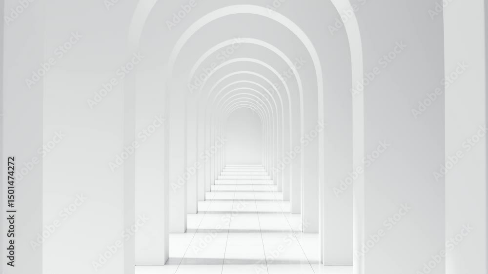 Poster white arched corridor with repeating symmetry. 3d animation