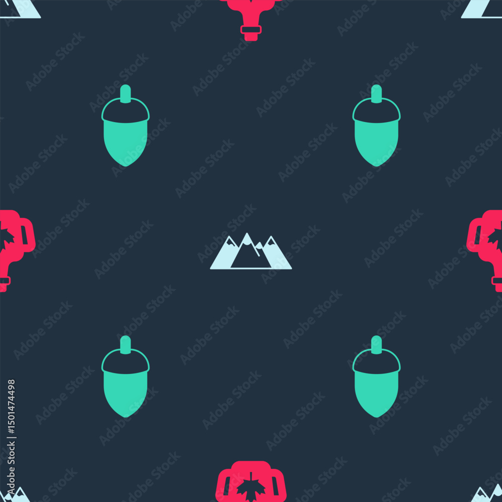 Poster set bottle of maple syrup, mountains and acorn on seamless pattern. vector