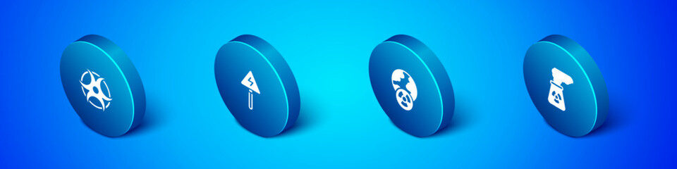 Set Isometric Biohazard symbol, Planet earth and radiation, Nuclear power plant and High voltage sign icon. Vector