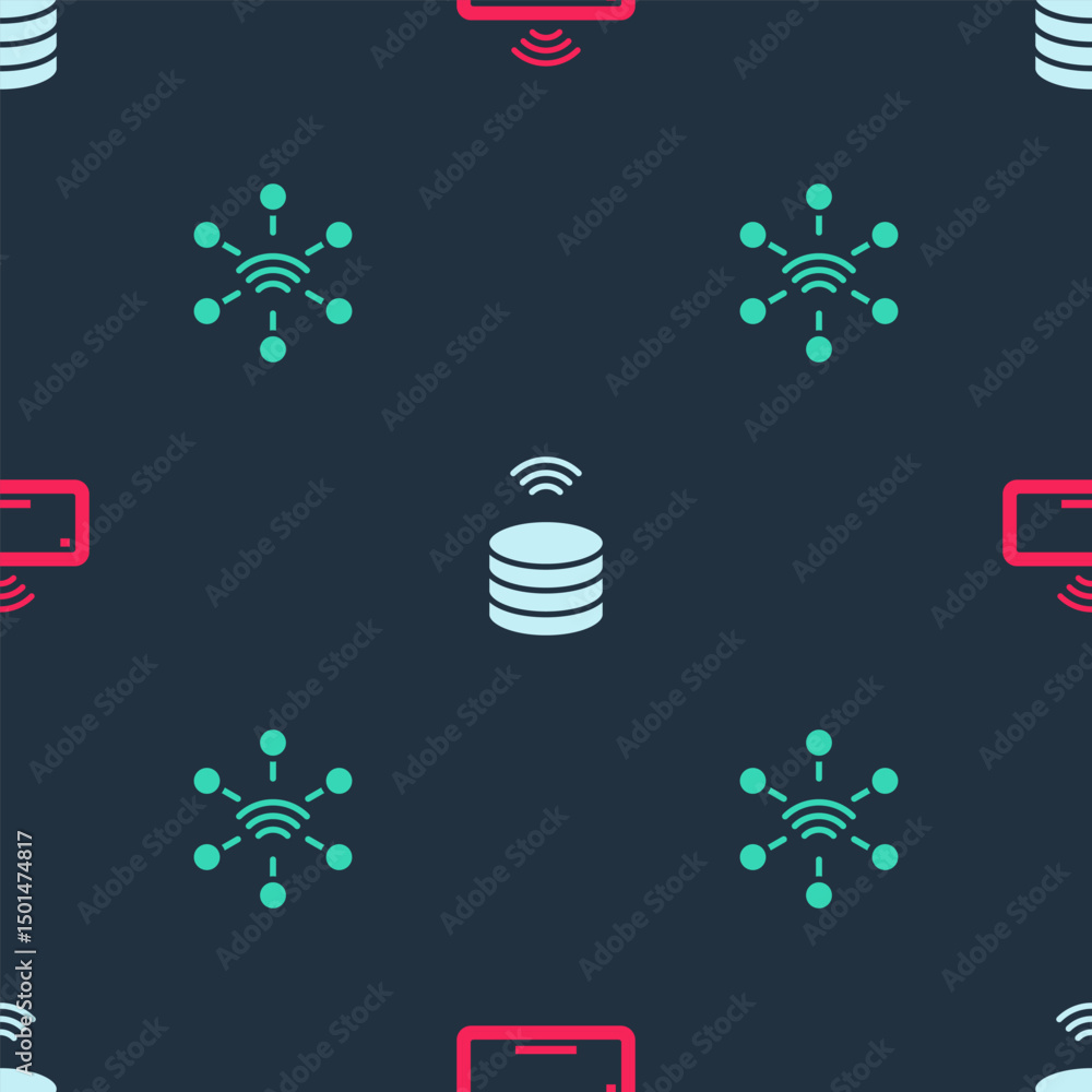 Poster set computer keyboard, smart data server and network on seamless pattern. vector