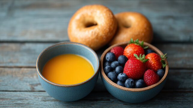 Bowl of fresh berries and juice with bagels on rustic wooden table