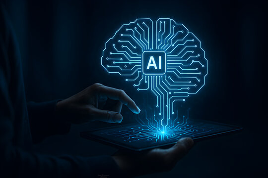 Businessman holding tablet displaying hologram of an artificial intelligence brain. Machine learning, Future digital transformation, Smart business solutions powered by innovation. - Powered by Adobe