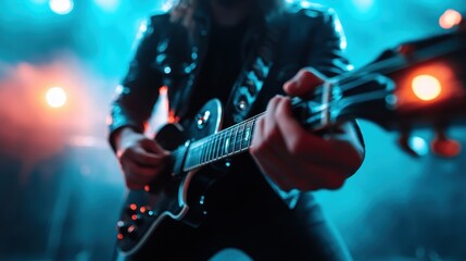 A close-up of a guitarist passionately playing on stage, highlighted by dynamic lighting effects that create an energetic ambiance filled with music and emotion.
