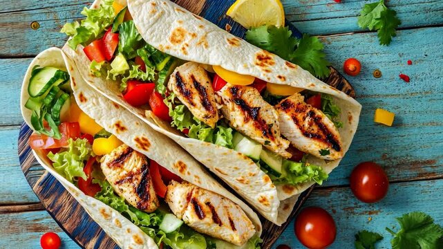 Colorful, grilled chicken tacos served on a blue table with fresh vegetables and cucumber salsa. Ideal for health-conscious meals or outdoor dining.