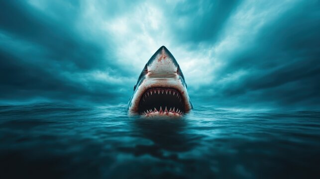 A fierce shark emerges from turbulent waters under dramatic storm clouds, capturing the essence of nature's raw power and the thrill of oceanic exploration and adventure.