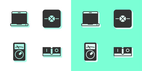 Set Electric light switch, Laptop, Ampere meter, multimeter and Lamp in electronic circuit icon. Vector