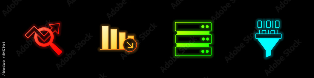 Poster set search data analysis, financial growth decrease, server and binary code icon. vector