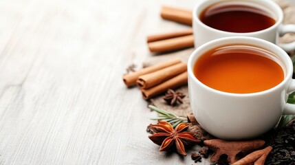 Two cups of spiced tea sit invitingly amidst warm cinnamon and cloves, suggesting comfort and warmth, ideal for cozy moments and gatherings during the colder seasons.