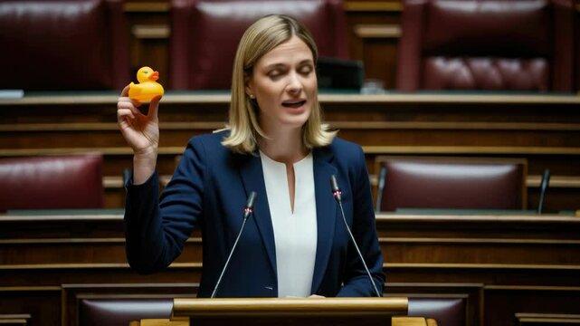Woman holding rubber duck in legislative setting, frowning Political concept