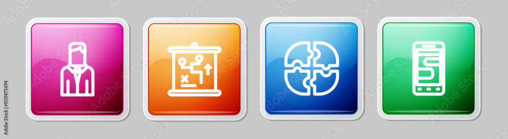Poster set line worker, planning strategy concept, piece of puzzle and chat messages phone. colorful square