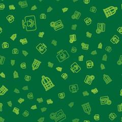 Set line Location veterinary, Cage for birds and Veterinary hospital on seamless pattern. Vector