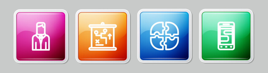 Obraz premium Set line Worker, Planning strategy concept, Piece of puzzle and Chat messages phone. Colorful square button. Vector