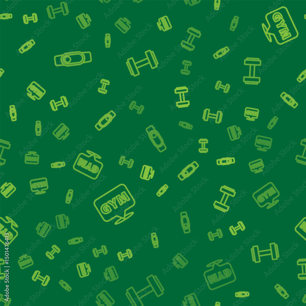 Poster set line smartwatch, location gym and dumbbell on seamless pattern. vector