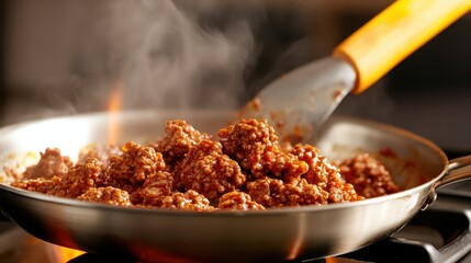 A skillet filled with sizzling meat showcases the delicious aroma of cooking food, emphasizing the culinary experience and the joy of home-cooked meals.