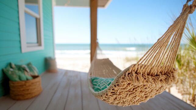 A relaxing hammock hangs on a beachside porch, inviting you to unwind and enjoy the serene ocean view, capturing the essence of a peaceful coastal get-away.
