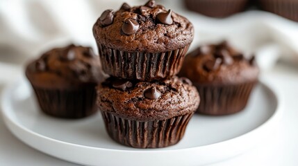A tempting display of chocolate chip muffins stacked on a white plate, showcasing their rich texture and appealing appearance, perfect for dessert lovers and bakers alike.