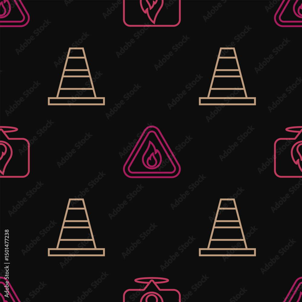 Aufkleber set line location with fire flame, traffic cone and fire in triangle on seamless pattern. vector