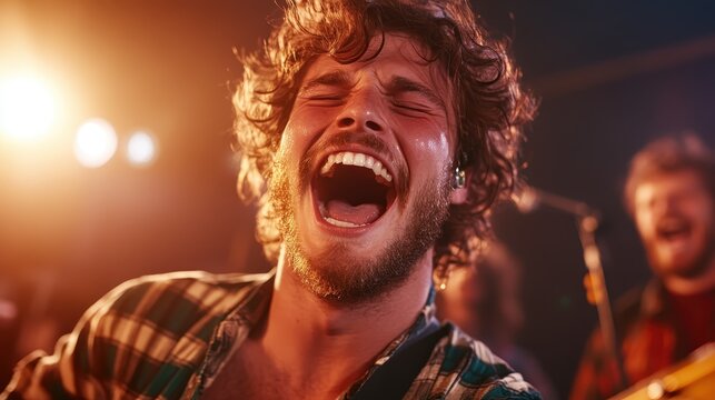 A passionate male musician passionately sings and plays guitar on stage, illuminated by vibrant lights and surrounded by an enthusiastic crowd, embodying the spirit of live music. - Powered by Adobe