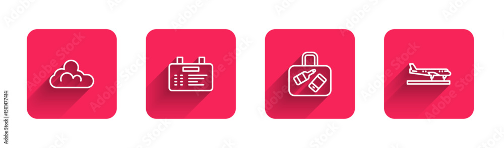 Poster set line cloud weather, airport board, suitcase and plane with long shadow. red square button. vecto