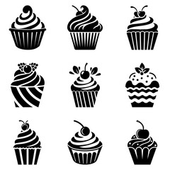 Set of black and white cupcake silhouette icons with decorative frosting, cherries, berries, and swirls, ideal for bakery logo design, dessert shop branding, and vector illustration projects