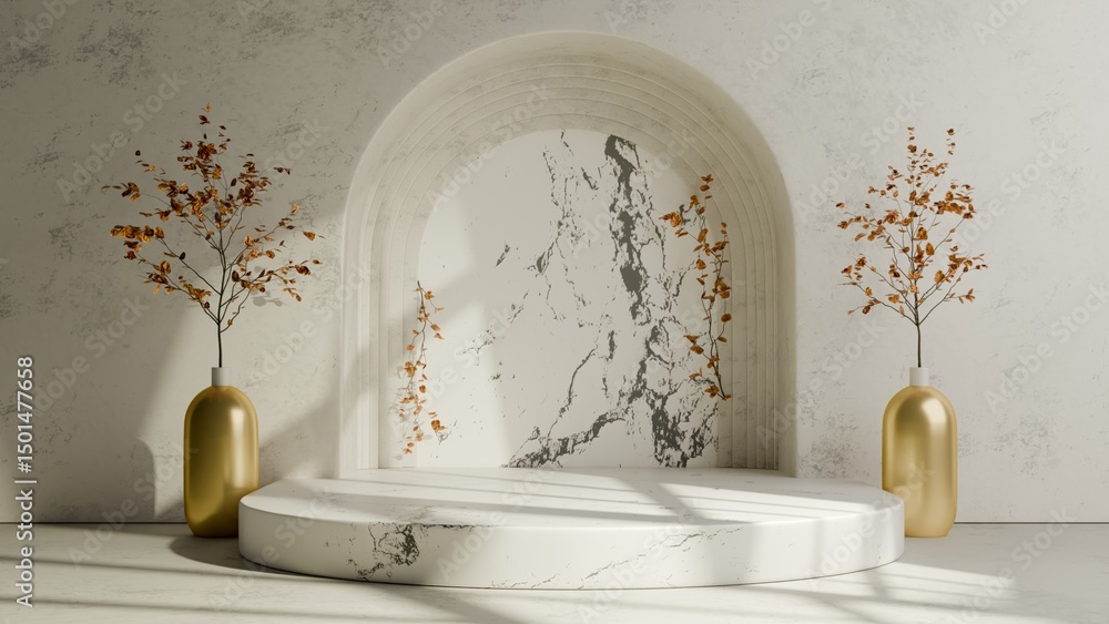 Poster 3d image of minimal arched podium with marble backdrop