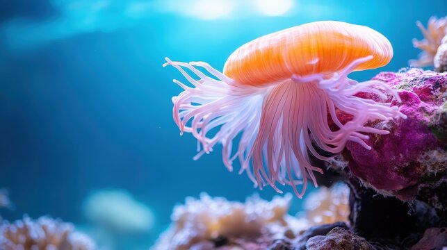 A close-up view of a vibrant jellyfish gracefully floating in crystal-clear water, showcasing its beautiful colors and delicate features in an underwater world. - Powered by Adobe