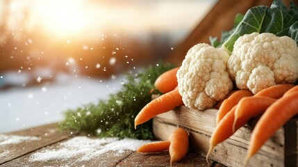 A vibrant display of fresh carrots and cauliflower set against a beautiful wintery backdrop, emphasizing nature's bounty and healthy eating choices.