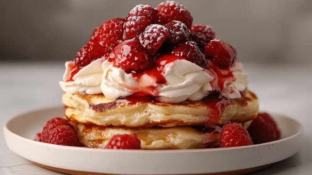 A delicious stack of fluffy pancakes topped with fresh raspberries and whipped cream, drizzled with syrup, perfect for a delightful breakfast experience.