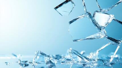 Scattered shards of glass reflect light on a bright blue background, representing fragility, danger, and the aftermath of destruction, evoking emotions of vulnerability and change.