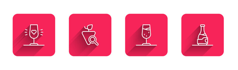 Set line Wine glass, Grapes, and Bottle of wine with long shadow. Red square button. Vector
