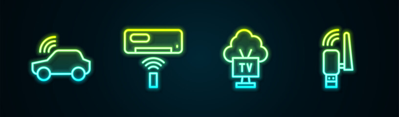 Set line Smart car system, Air conditioner, Tv and Usb wireless adapter. Glowing neon icon. Vector