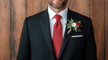 Showcasing elegance and refinement, this close-up of a man’s suit adorned with a classic red tie and boutonniere, represents sophistication for formal occasions and celebrations.