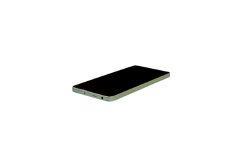 smartphone lying isolated, turned off smartphone with dark screen lying down on white background