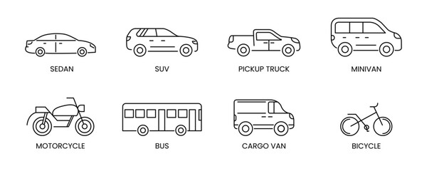 Vehicle Icon Set featuring Sedan, SUV, Pickup Truck, Minivan, Motorcycle, Bus and Bicycle. Clean vector illustrations perfect for transportation apps, car rental websites and automotive projects. © Vector Jungle