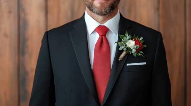 Showcasing elegance and refinement, this close-up of a man’s suit adorned with a classic red tie and boutonniere, represents sophistication for formal occasions and celebrations.