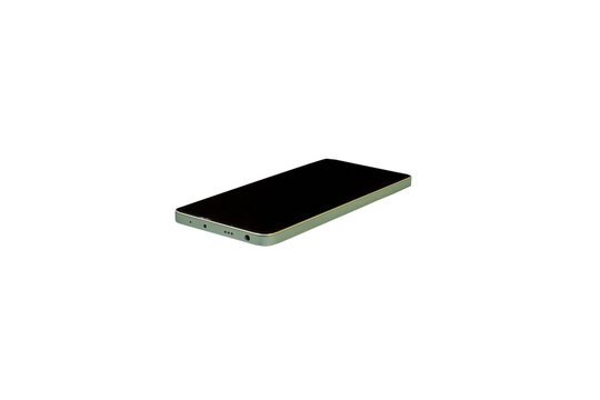 smartphone lying isolated, turned off smartphone with dark screen lying down on white background
