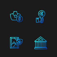 Set line Museum building, Auction painting, jewelry sale and Hand holding auction paddle. Gradient color icons. Vector