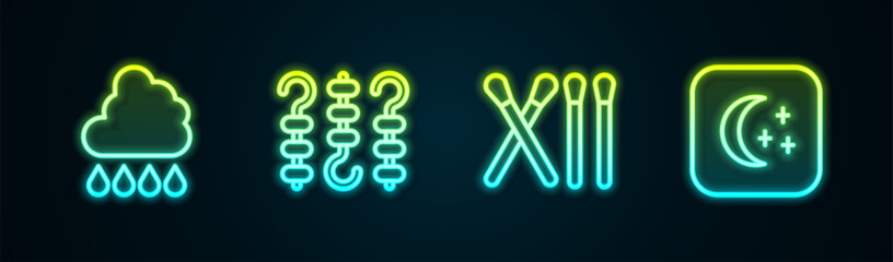 Set line Cloud with rain, Grilled shish kebab on skewer, Match stick and Moon and stars. Glowing neon icon. Vector
