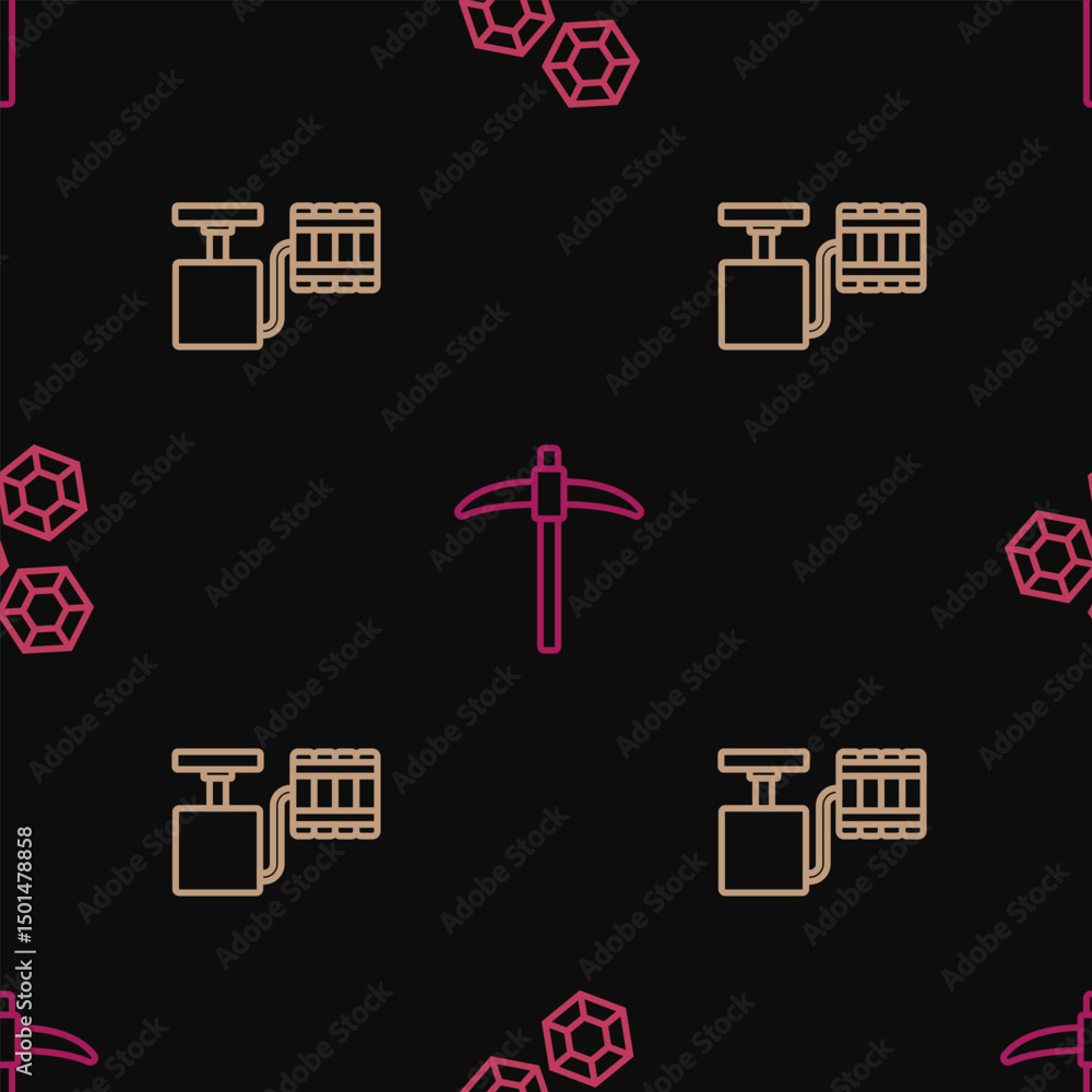 Poster set line gem stone, handle detonator and pickaxe on seamless pattern. vector