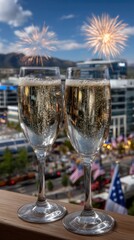 Obraz premium Cheers to Happy American Independence Day 4th of July with sparkling beverages! Festive fireworks light up the sky, and flags wave proudly in celebration of freedom and unity