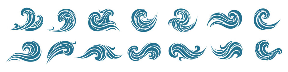 Set of minimal ocean waves in elegant blue graphic style. Decorative abstract water shapes for design, print, or digital use. Perfect for logo, pattern, branding, or marine themes.
