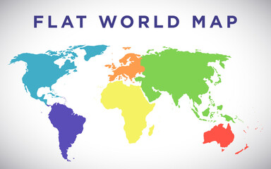 Color Coded Flat World Map Vector featuring six continents in distinct colors including blue for North America, orange for Europe and green for Asia.Ideal for education, presentations and wall decor