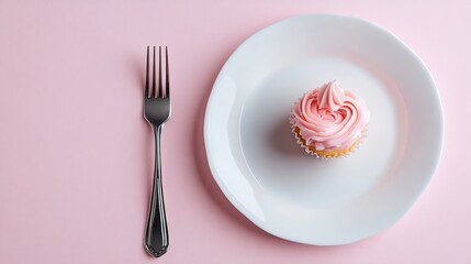 A delightful pink cupcake topped with swirls of creamy icing sits elegantly on a white plate, offering a charming treat that captures sweetness and joy in every bite.