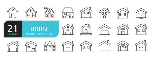 Set of line icons related to home, house, residence, real estate. Outline icons collection. Editable stroke. Vector illustration