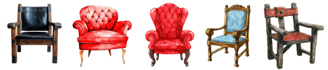 Watercolor set of various classic vintage chairs on transparent background