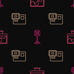 Set line Photo retouching, Action extreme camera and Studio light bulb softbox on seamless pattern. Vector