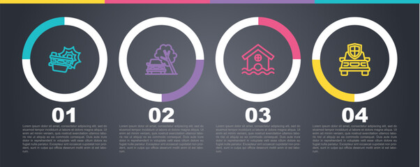 Set line Car accident, damaged by fallen tree, House flood and insurance. Business infographic template. Vector