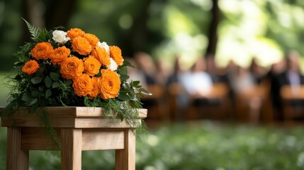 A vibrant bouquet of orange and white flowers displayed on a wooden pedestal at a serene outdoor setting, symbolizing beauty, life, and the emotions of a heartfelt ceremony.
