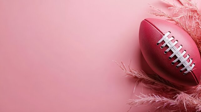This captivating image showcases a pink football elegantly positioned alongside soft, feathery decor against a pastel background, evoking a sense of playful energy.